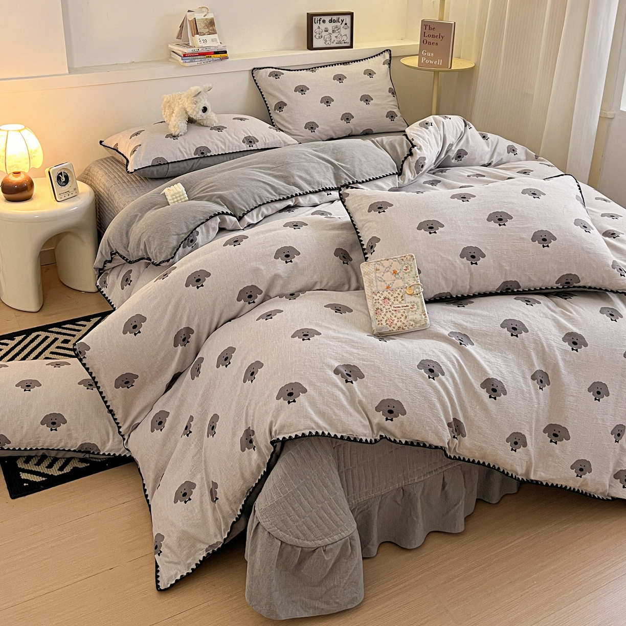 91家纺网 家纺一手货源 找家纺 富米莱（原臻工厂） 2026春夏新款色织提花贝壳边床盖床裙四件套 贝壳边-领结狗