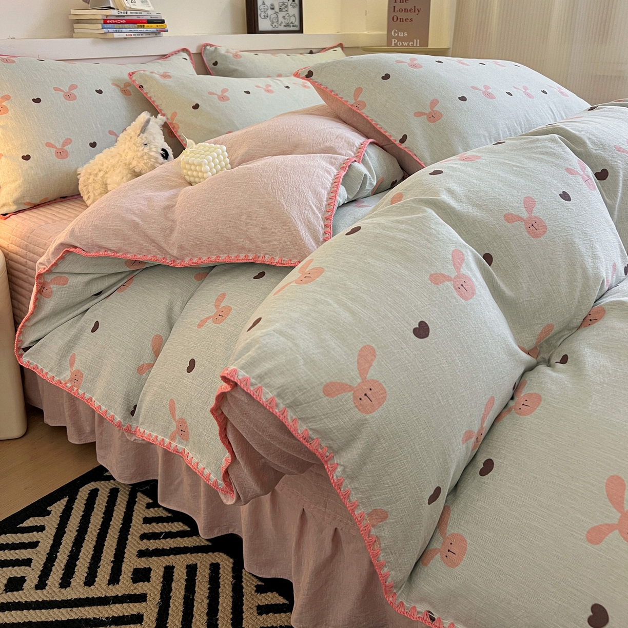 91家纺网 家纺一手货源 找家纺 富米莱（原臻工厂） 2026春夏新款色织提花贝壳边床盖床裙四件套 贝壳边-萌萌兔