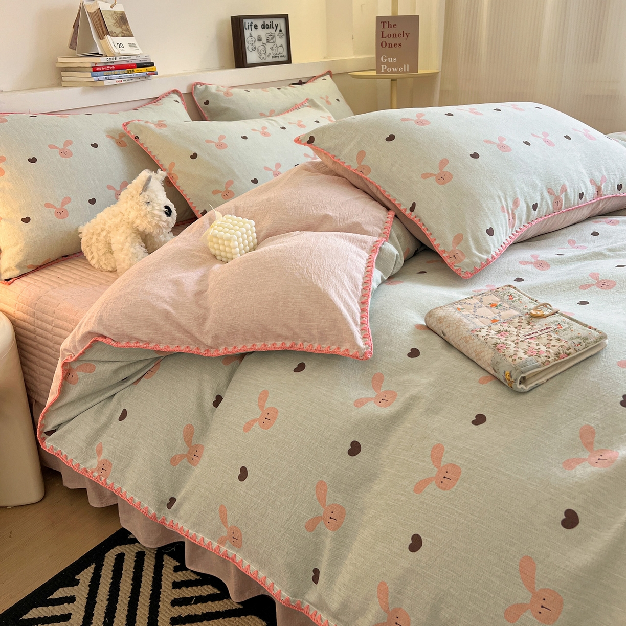 91家纺网 家纺一手货源 找家纺 富米莱（原臻工厂） 2026春夏新款色织提花贝壳边床盖床裙四件套 贝壳边-萌萌兔