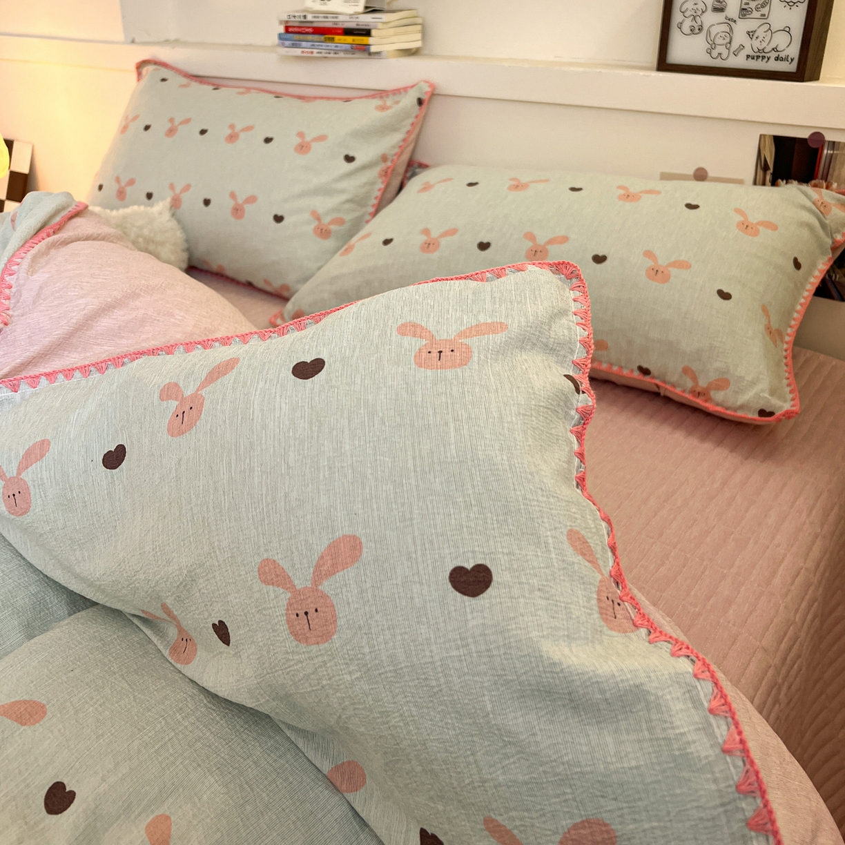 91家纺网 家纺一手货源 找家纺 富米莱（原臻工厂） 2026春夏新款色织提花贝壳边床盖床裙四件套 贝壳边-萌萌兔