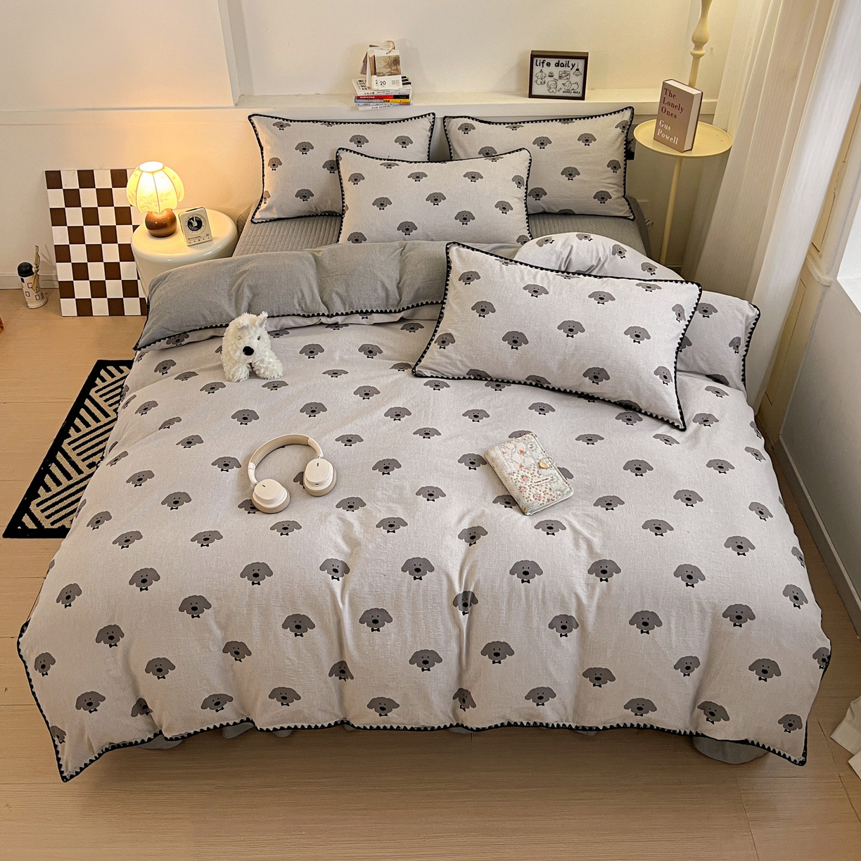 91家纺网 家纺一手货源 找家纺 富米莱（原臻工厂） 2026春夏新款色织提花贝壳边床盖床裙四件套 贝壳边-领结狗