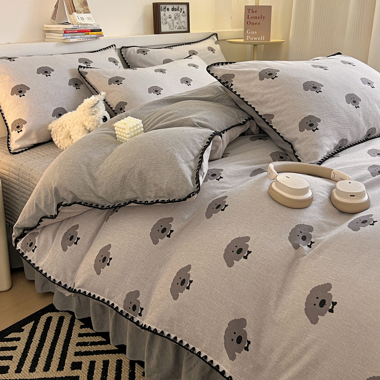 91家纺网 家纺一手货源 找家纺 富米莱（原臻工厂） 2026春夏新款色织提花贝壳边床盖床裙四件套 贝壳边-领结狗