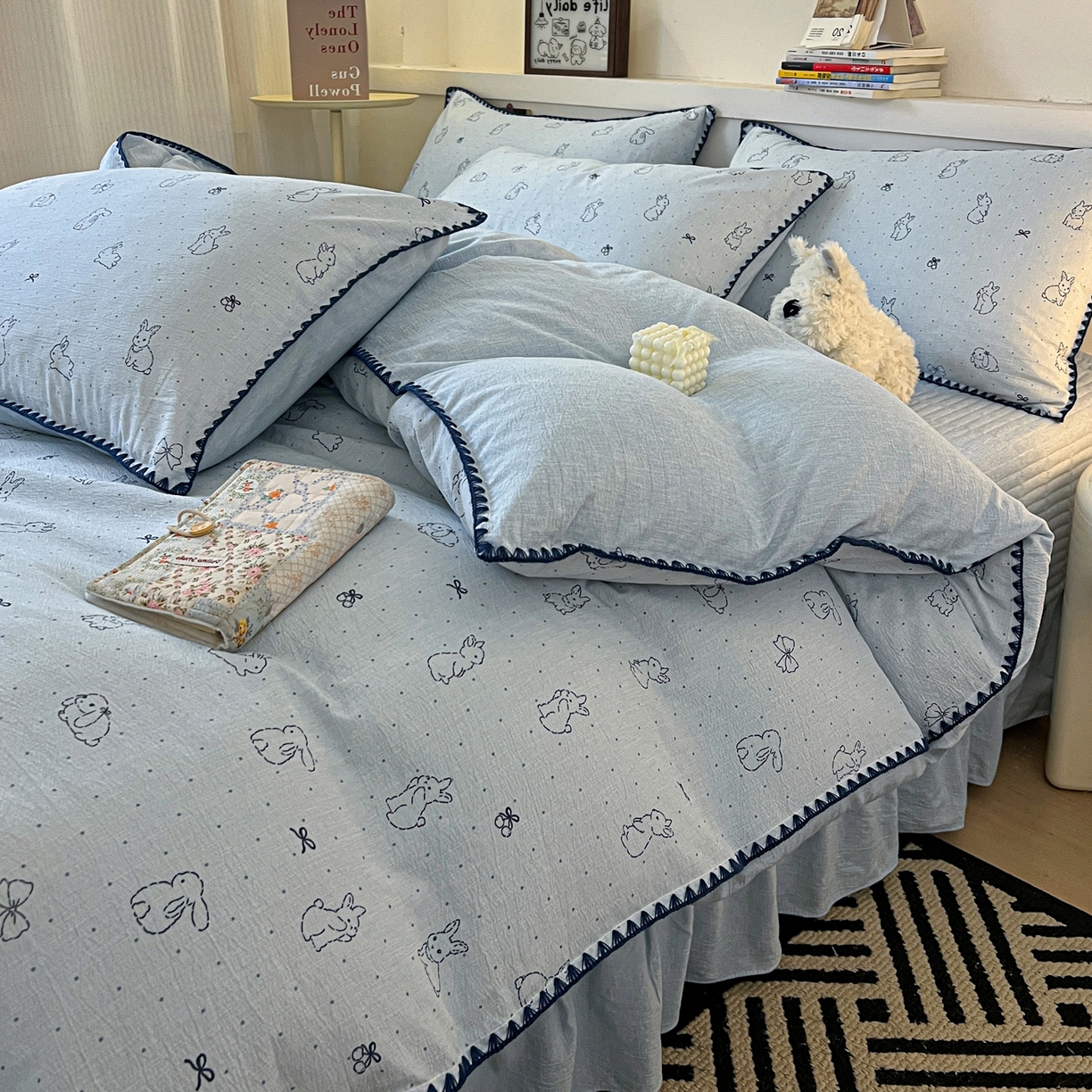 91家纺网 家纺一手货源 找家纺 富米莱（原臻工厂） 2026春夏新款色织提花贝壳边床盖床裙四件套 贝壳边-蓝小兔