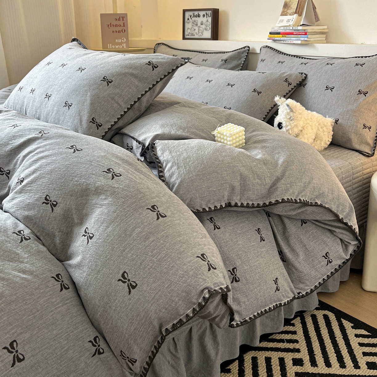 91家纺网 家纺一手货源 找家纺 富米莱（原臻工厂） 2026春夏新款色织提花贝壳边床盖床裙四件套 贝壳边-少女心