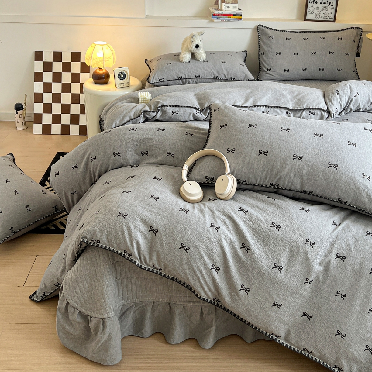 91家纺网 家纺一手货源 找家纺 富米莱（原臻工厂） 2026春夏新款色织提花贝壳边床盖床裙四件套 贝壳边-少女心