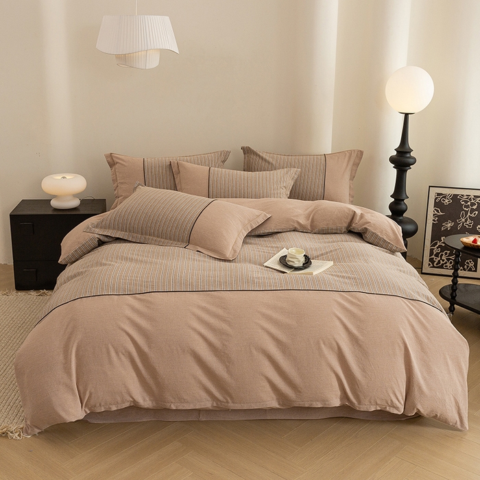 喜四方 2026新款100%全棉纯棉色织水洗棉花边工艺款四件套-系列二 暮川（咖）