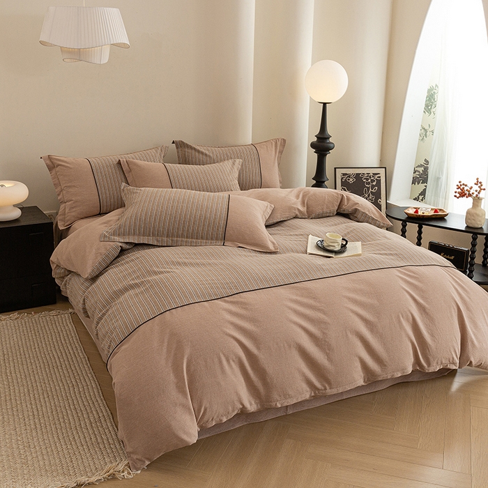 91家纺网 家纺一手货源 找家纺 喜四方 2026新款100%全棉纯棉色织水洗棉花边工艺款四件套-系列二 暮川（咖）