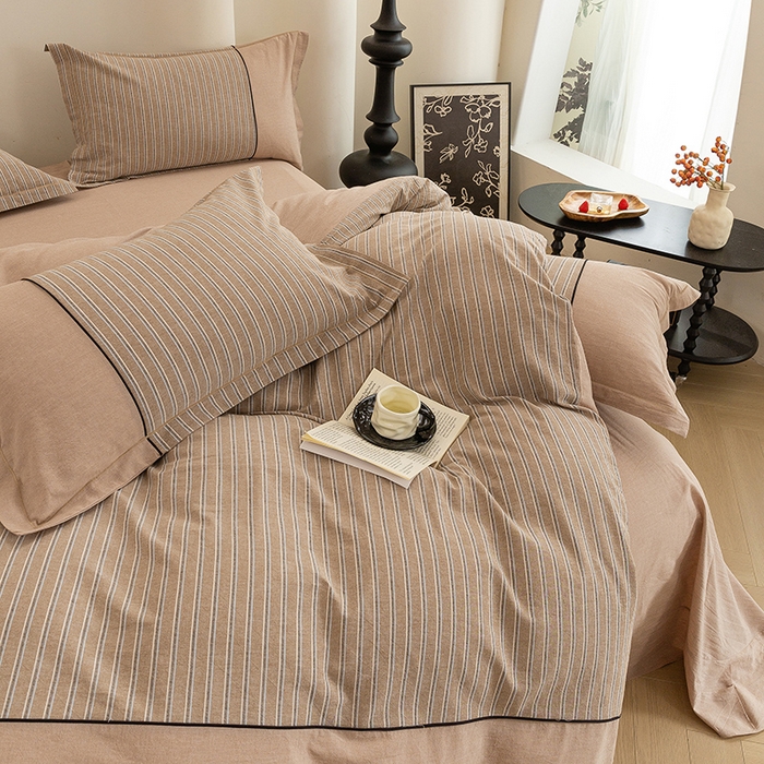 91家纺网 家纺一手货源 找家纺 喜四方 2026新款100%全棉纯棉色织水洗棉花边工艺款四件套-系列二 暮川（咖）