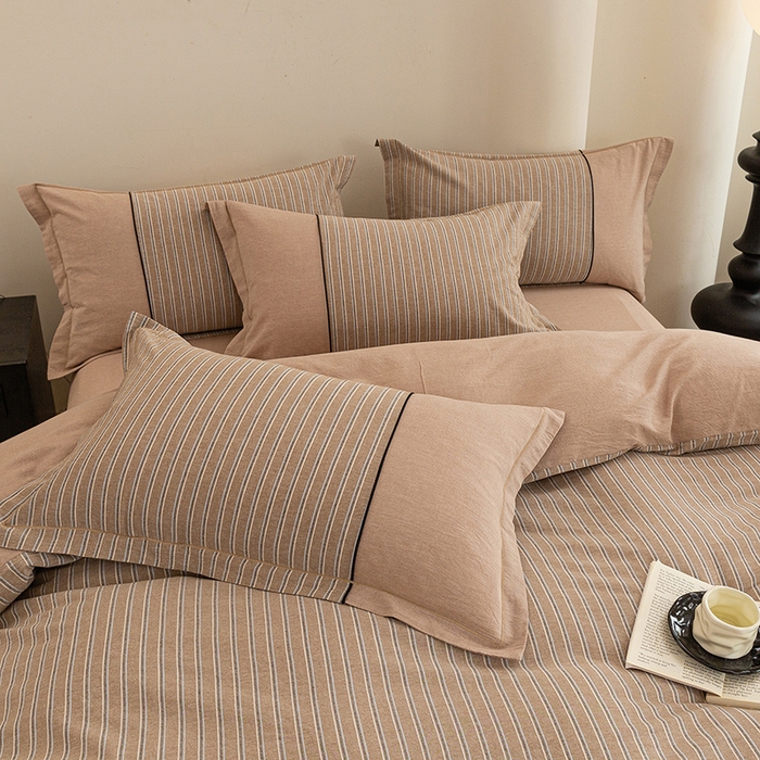 91家纺网 家纺一手货源 找家纺 喜四方 2026新款100%全棉纯棉色织水洗棉花边工艺款四件套-系列二 暮川（咖）