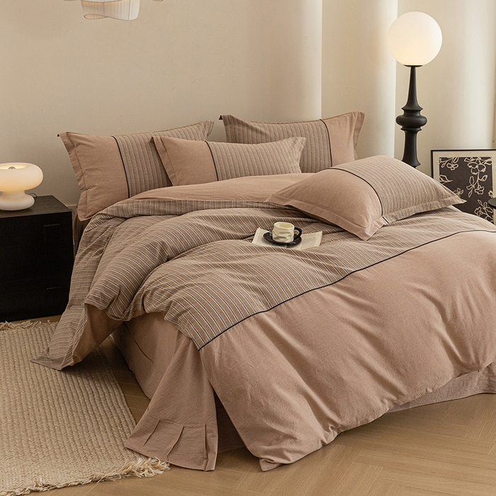 91家纺网 家纺一手货源 找家纺 喜四方 2026新款100%全棉纯棉色织水洗棉花边工艺款四件套-系列二 暮川（咖）