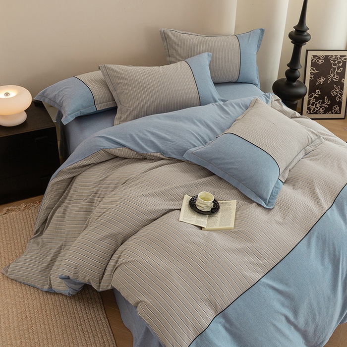 91家纺网 家纺一手货源 找家纺 喜四方 2026新款100%全棉纯棉色织水洗棉花边工艺款四件套-系列二 暮川（兰）