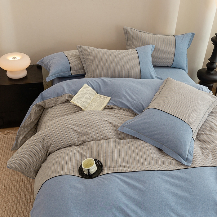 91家纺网 家纺一手货源 找家纺 喜四方 2026新款100%全棉纯棉色织水洗棉花边工艺款四件套-系列二 暮川（兰）