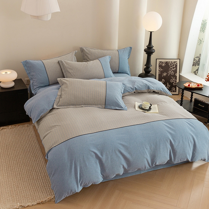 91家纺网 家纺一手货源 找家纺 喜四方 2026新款100%全棉纯棉色织水洗棉花边工艺款四件套-系列二 暮川（兰）