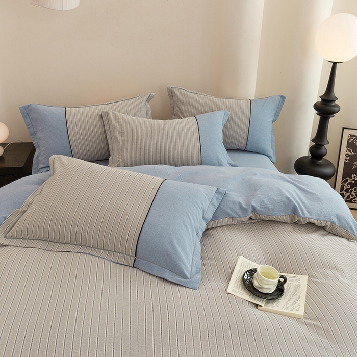 91家纺网 家纺一手货源 找家纺 喜四方 2026新款100%全棉纯棉色织水洗棉花边工艺款四件套-系列二 暮川（兰）