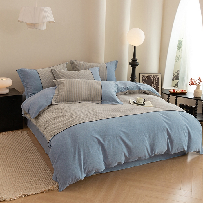 91家纺网 家纺一手货源 找家纺 喜四方 2026新款100%全棉纯棉色织水洗棉花边工艺款四件套-系列二 暮川（兰）