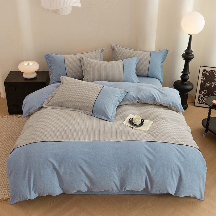 91家纺网 家纺一手货源 找家纺 喜四方 2026新款100%全棉纯棉色织水洗棉花边工艺款四件套-系列二 暮川（兰）