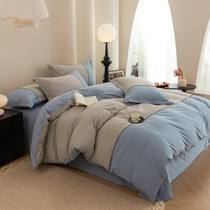 91家纺网 家纺一手货源 找家纺 喜四方 2026新款100%全棉纯棉色织水洗棉花边工艺款四件套-系列二 暮川（兰）