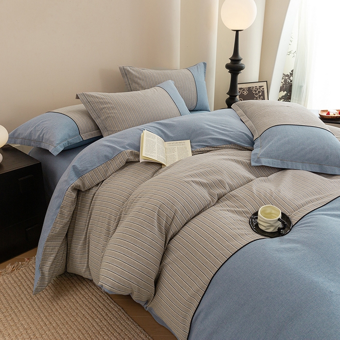 91家纺网 家纺一手货源 找家纺 喜四方 2026新款100%全棉纯棉色织水洗棉花边工艺款四件套-系列二 暮川（兰）