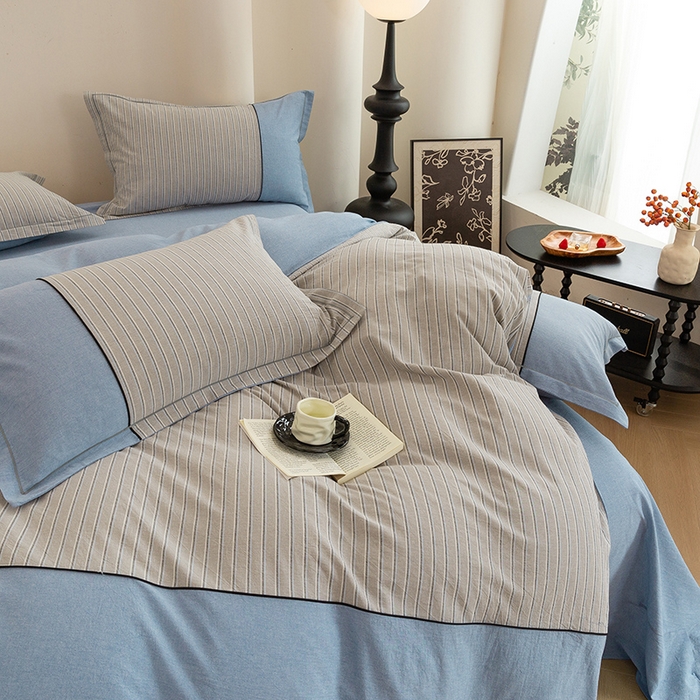 91家纺网 家纺一手货源 找家纺 喜四方 2026新款100%全棉纯棉色织水洗棉花边工艺款四件套-系列二 暮川（兰）