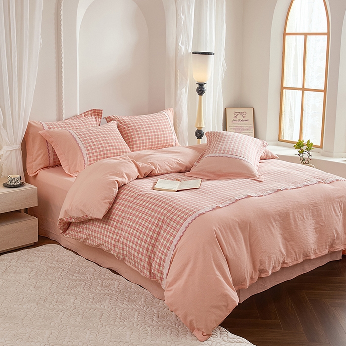 91家纺网 家纺一手货源 找家纺 （总）喜四方 2026新款100%全棉纯棉色织水洗棉花边工艺款四件套-系列一