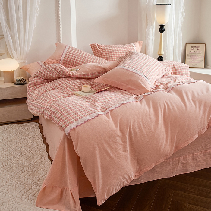 91家纺网 家纺一手货源 找家纺 （总）喜四方 2026新款100%全棉纯棉色织水洗棉花边工艺款四件套-系列一