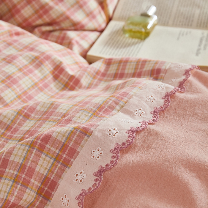 91家纺网 家纺一手货源 找家纺 （总）喜四方 2026新款100%全棉纯棉色织水洗棉花边工艺款四件套-系列一