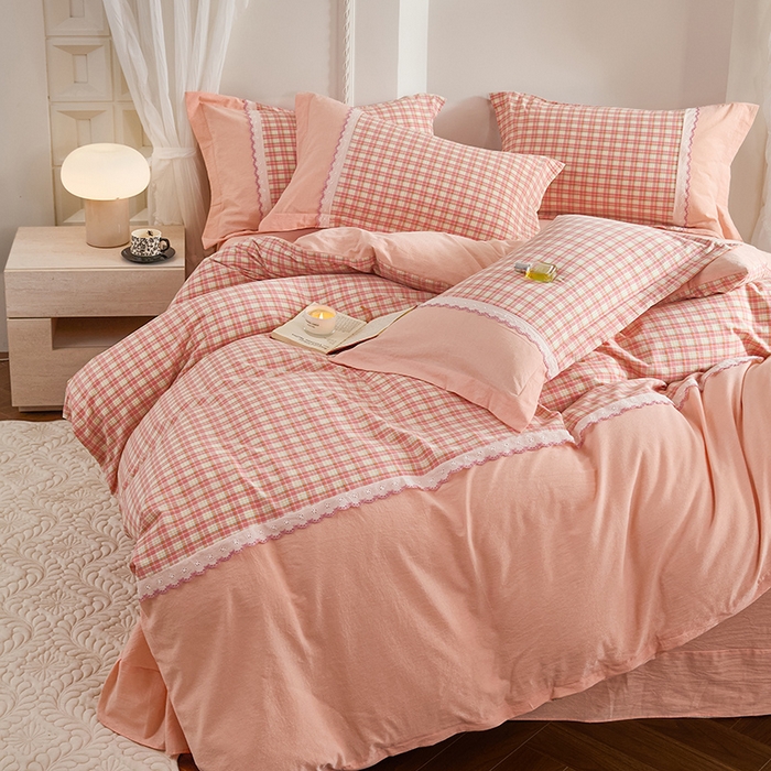 91家纺网 家纺一手货源 找家纺 （总）喜四方 2026新款100%全棉纯棉色织水洗棉花边工艺款四件套-系列一