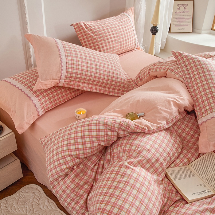 91家纺网 家纺一手货源 找家纺 （总）喜四方 2026新款100%全棉纯棉色织水洗棉花边工艺款四件套-系列一