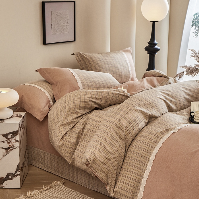 91家纺网 家纺一手货源 找家纺 喜四方 2026新款100%全棉纯棉色织水洗棉花边工艺款四件套-系列一 北辰