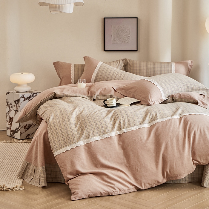 91家纺网 家纺一手货源 找家纺 喜四方 2026新款100%全棉纯棉色织水洗棉花边工艺款四件套-系列一 北辰