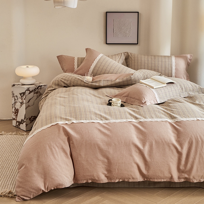 91家纺网 家纺一手货源 找家纺 喜四方 2026新款100%全棉纯棉色织水洗棉花边工艺款四件套-系列一 北辰