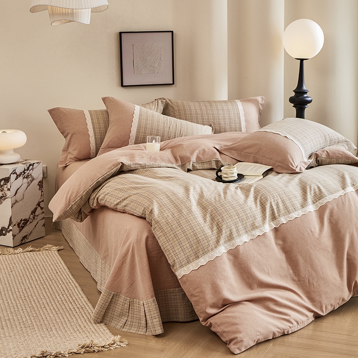 91家纺网 家纺一手货源 找家纺 喜四方 2026新款100%全棉纯棉色织水洗棉花边工艺款四件套-系列一 北辰