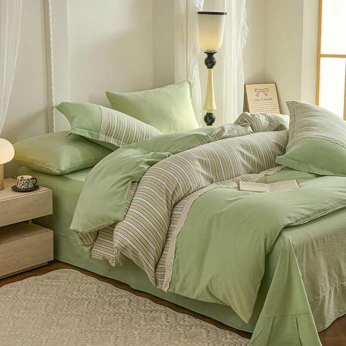 91家纺网 家纺一手货源 找家纺 喜四方 2026新款100%全棉纯棉色织水洗棉花边工艺款四件套-系列一 初恋-绿