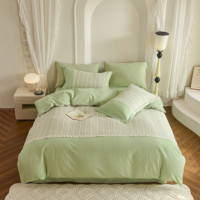 喜四方 2026新款100%全棉纯棉色织水洗棉花边工艺款四件套-系列一 初恋-绿