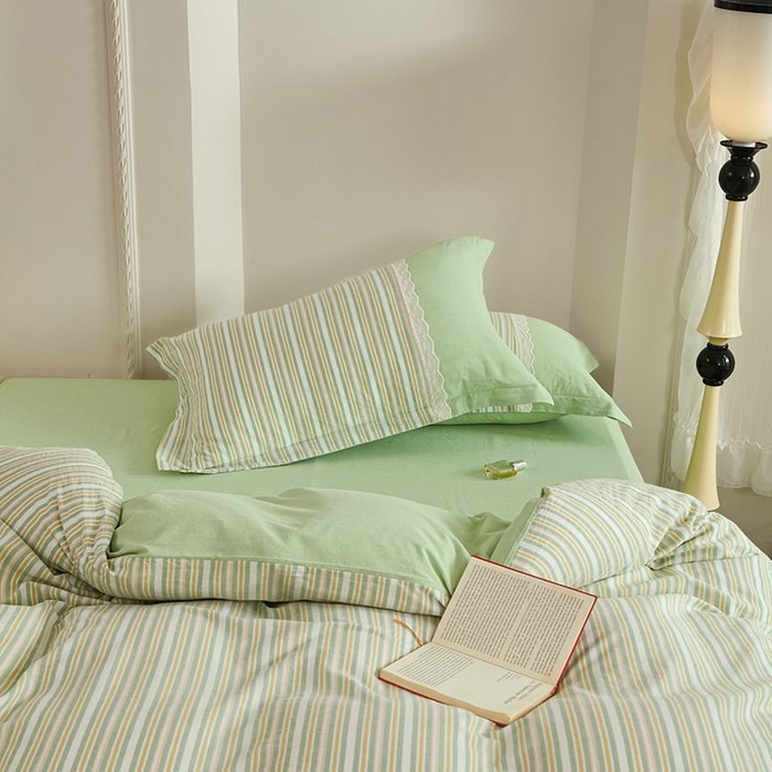 91家纺网 家纺一手货源 找家纺 喜四方 2026新款100%全棉纯棉色织水洗棉花边工艺款四件套-系列一 初恋-绿