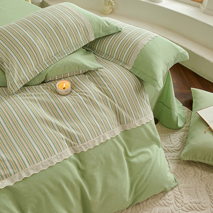 91家纺网 家纺一手货源 找家纺 喜四方 2026新款100%全棉纯棉色织水洗棉花边工艺款四件套-系列一 初恋-绿