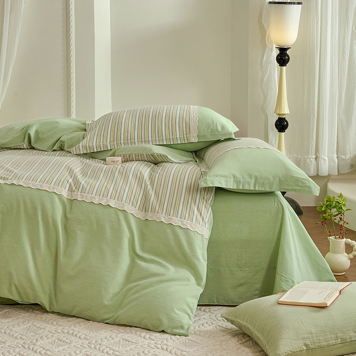 91家纺网 家纺一手货源 找家纺 喜四方 2026新款100%全棉纯棉色织水洗棉花边工艺款四件套-系列一 初恋-绿