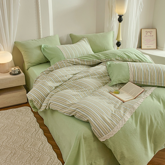 91家纺网 家纺一手货源 找家纺 喜四方 2026新款100%全棉纯棉色织水洗棉花边工艺款四件套-系列一 初恋-绿