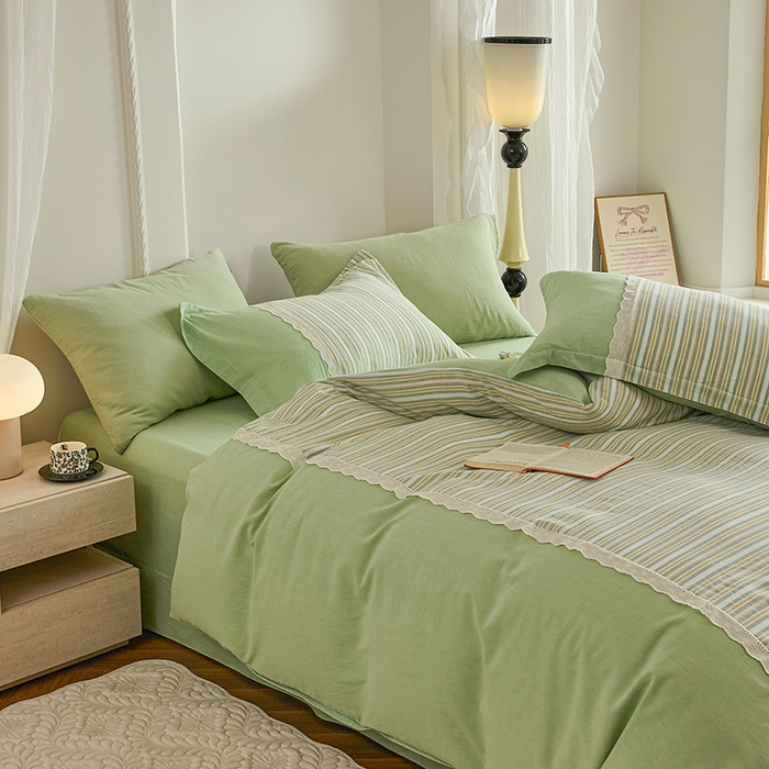 91家纺网 家纺一手货源 找家纺 喜四方 2026新款100%全棉纯棉色织水洗棉花边工艺款四件套-系列一 初恋-绿