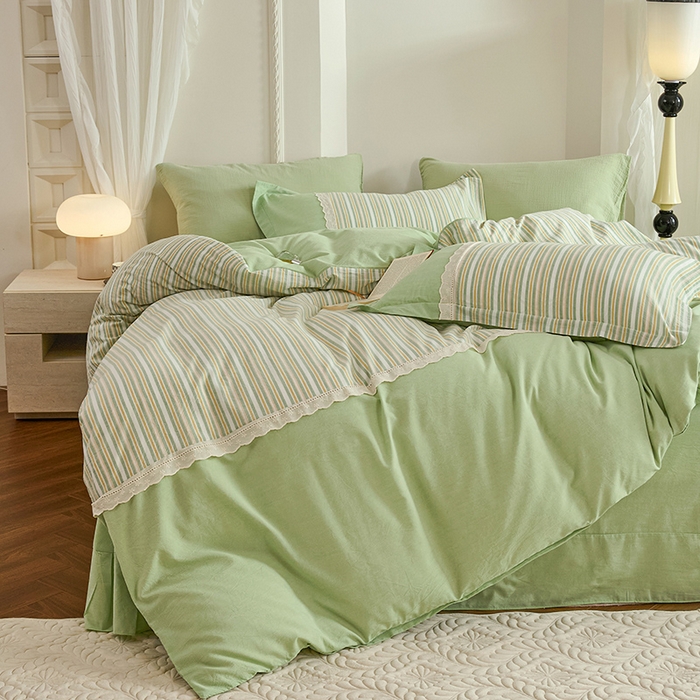 91家纺网 家纺一手货源 找家纺 喜四方 2026新款100%全棉纯棉色织水洗棉花边工艺款四件套-系列一 初恋-绿