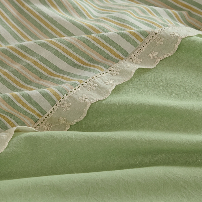 91家纺网 家纺一手货源 找家纺 喜四方 2026新款100%全棉纯棉色织水洗棉花边工艺款四件套-系列一 初恋-绿