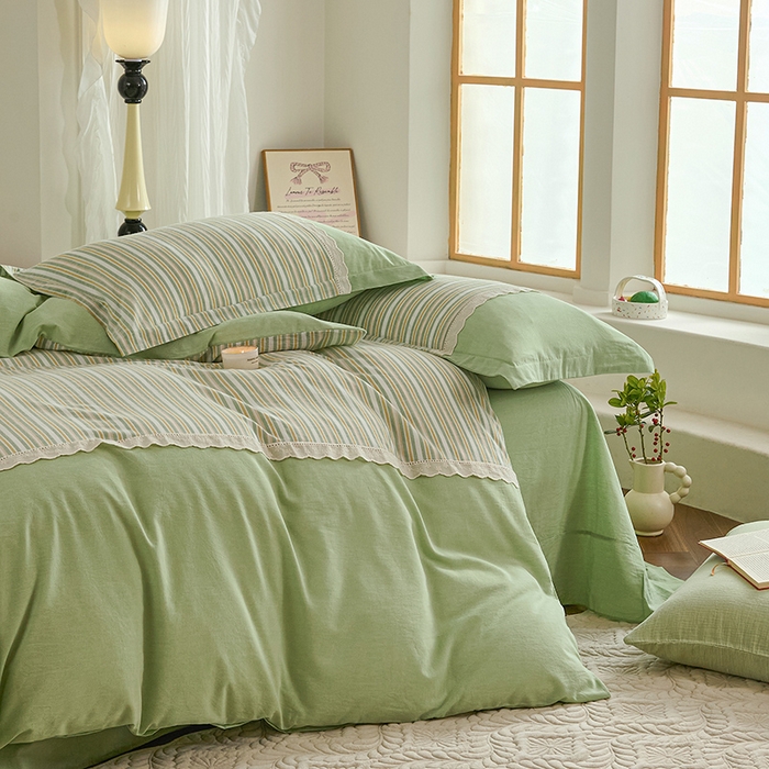 91家纺网 家纺一手货源 找家纺 喜四方 2026新款100%全棉纯棉色织水洗棉花边工艺款四件套-系列一 初恋-绿