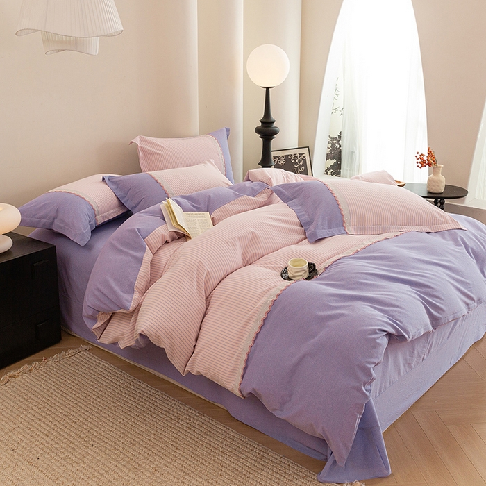 91家纺网 家纺一手货源 找家纺 喜四方 2026新款100%全棉纯棉色织水洗棉花边工艺款四件套-系列一 春日