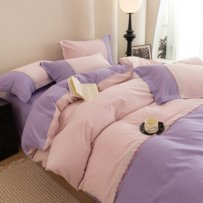 91家纺网 家纺一手货源 找家纺 喜四方 2026新款100%全棉纯棉色织水洗棉花边工艺款四件套-系列一 春日