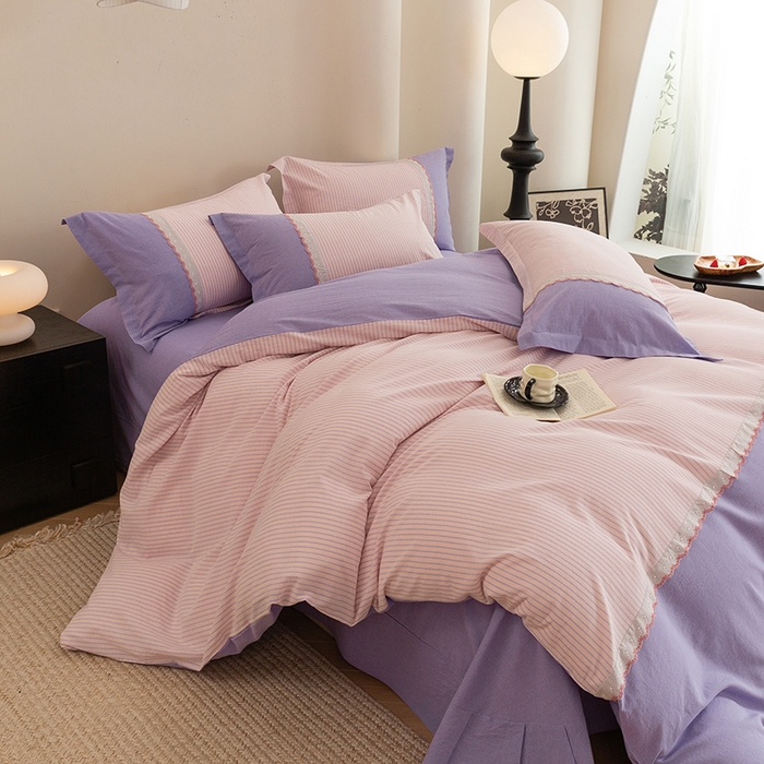 91家纺网 家纺一手货源 找家纺 喜四方 2026新款100%全棉纯棉色织水洗棉花边工艺款四件套-系列一 春日