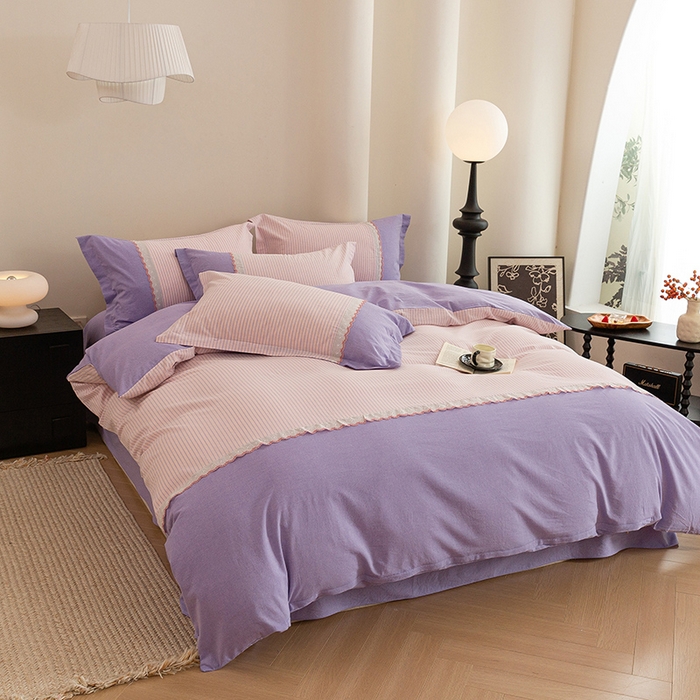 91家纺网 家纺一手货源 找家纺 喜四方 2026新款100%全棉纯棉色织水洗棉花边工艺款四件套-系列一 春日