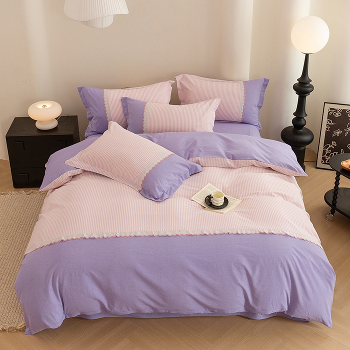 91家纺网 家纺一手货源 找家纺 喜四方 2026新款100%全棉纯棉色织水洗棉花边工艺款四件套-系列一 春日