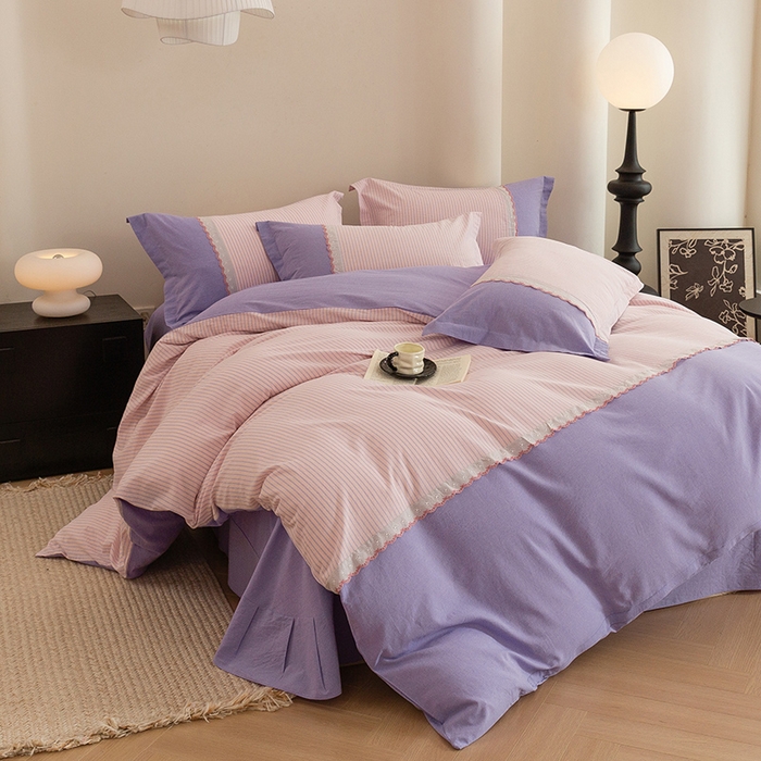 91家纺网 家纺一手货源 找家纺 喜四方 2026新款100%全棉纯棉色织水洗棉花边工艺款四件套-系列一 春日