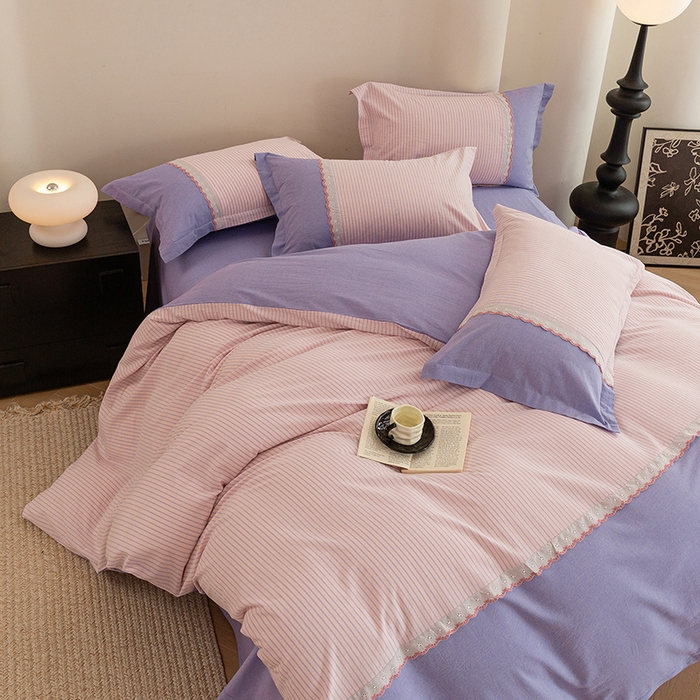 91家纺网 家纺一手货源 找家纺 喜四方 2026新款100%全棉纯棉色织水洗棉花边工艺款四件套-系列一 春日