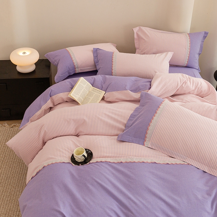 91家纺网 家纺一手货源 找家纺 喜四方 2026新款100%全棉纯棉色织水洗棉花边工艺款四件套-系列一 春日